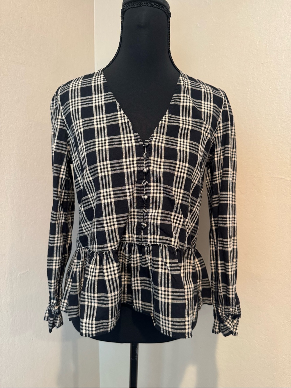 Madewell Black/Creamy Beige Plaid Peplum Button-Front Blouse Gold Thread Accents